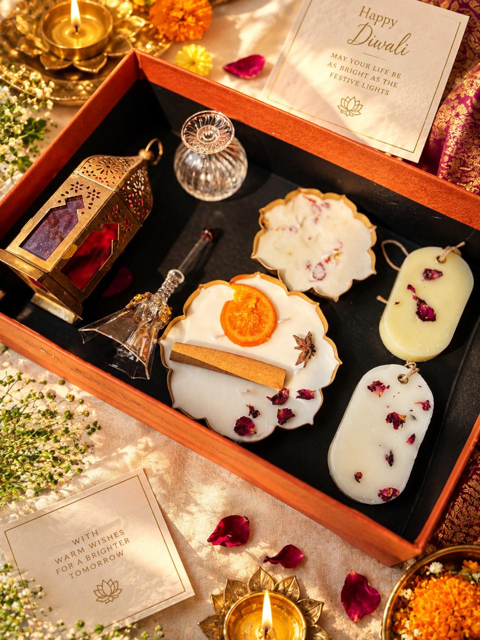 Festive Luxury Gift Hamper – Soy Wax Urli Candles, Borosilicate Glass Diya & Bell, Wardrobe Fresheners & Decorative Lantern