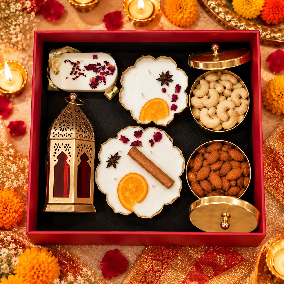 The Royal Glow Hamper – Luxury Diwali Gift Box with Soy Candles, Dry Fruits & Lantern