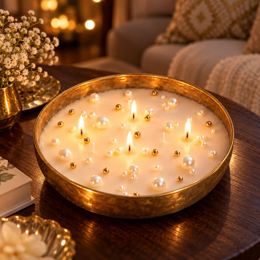 Pearl Glow – Golden Metal Finish Bowl Candle