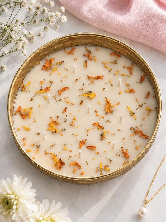 Saffron Bloom – Golden Metal Finish Bowl Candle