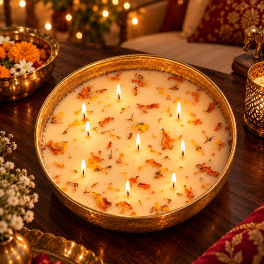 Saffron Bloom – Golden Metal Finish Bowl Candle