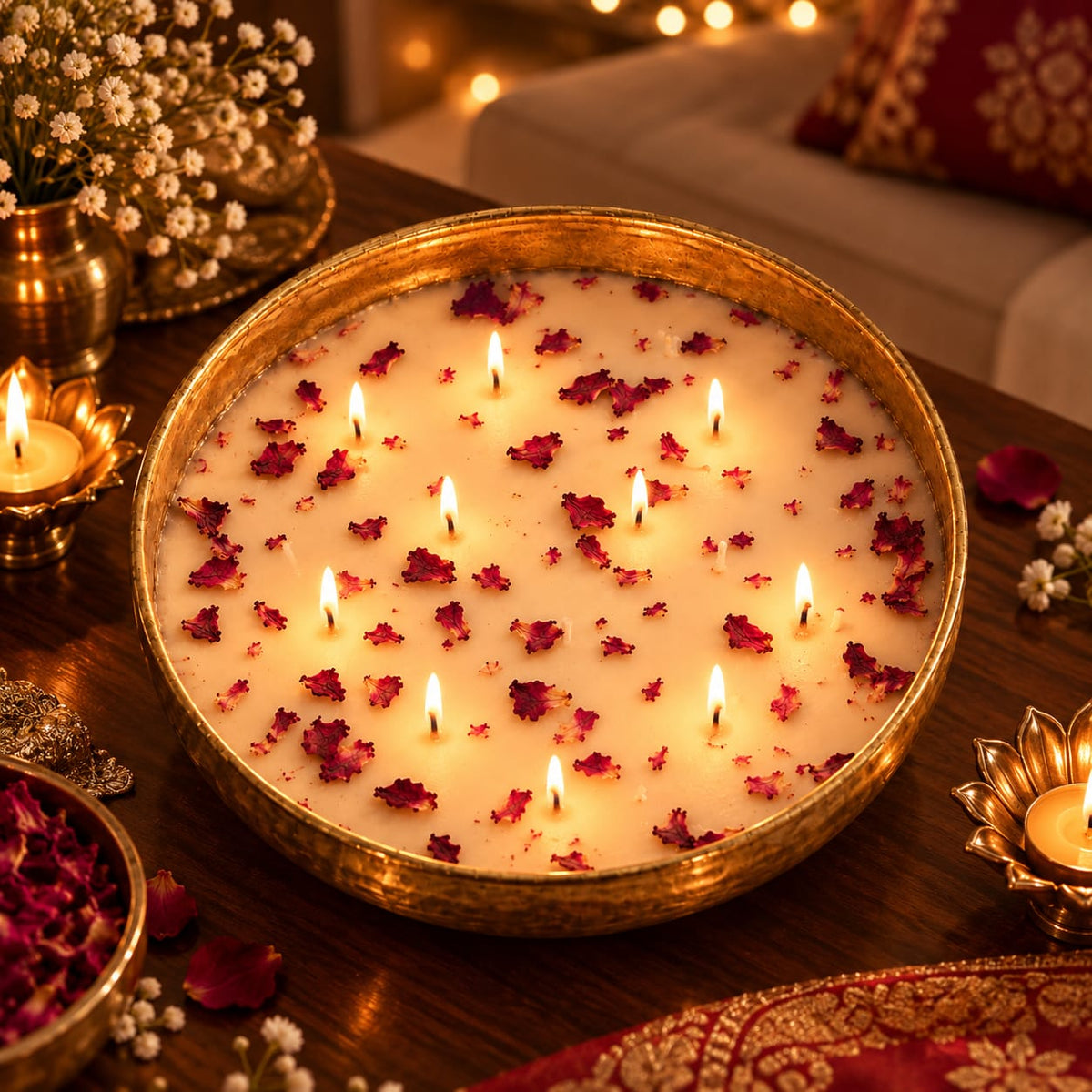 Rose Reverie – Golden Metal Finish Bowl Candle