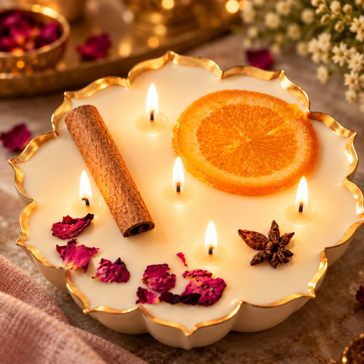 Citrus Bloom – Golden URLI Scallop Soy Wax Candle (6.5 inch), ROSE SCENT
