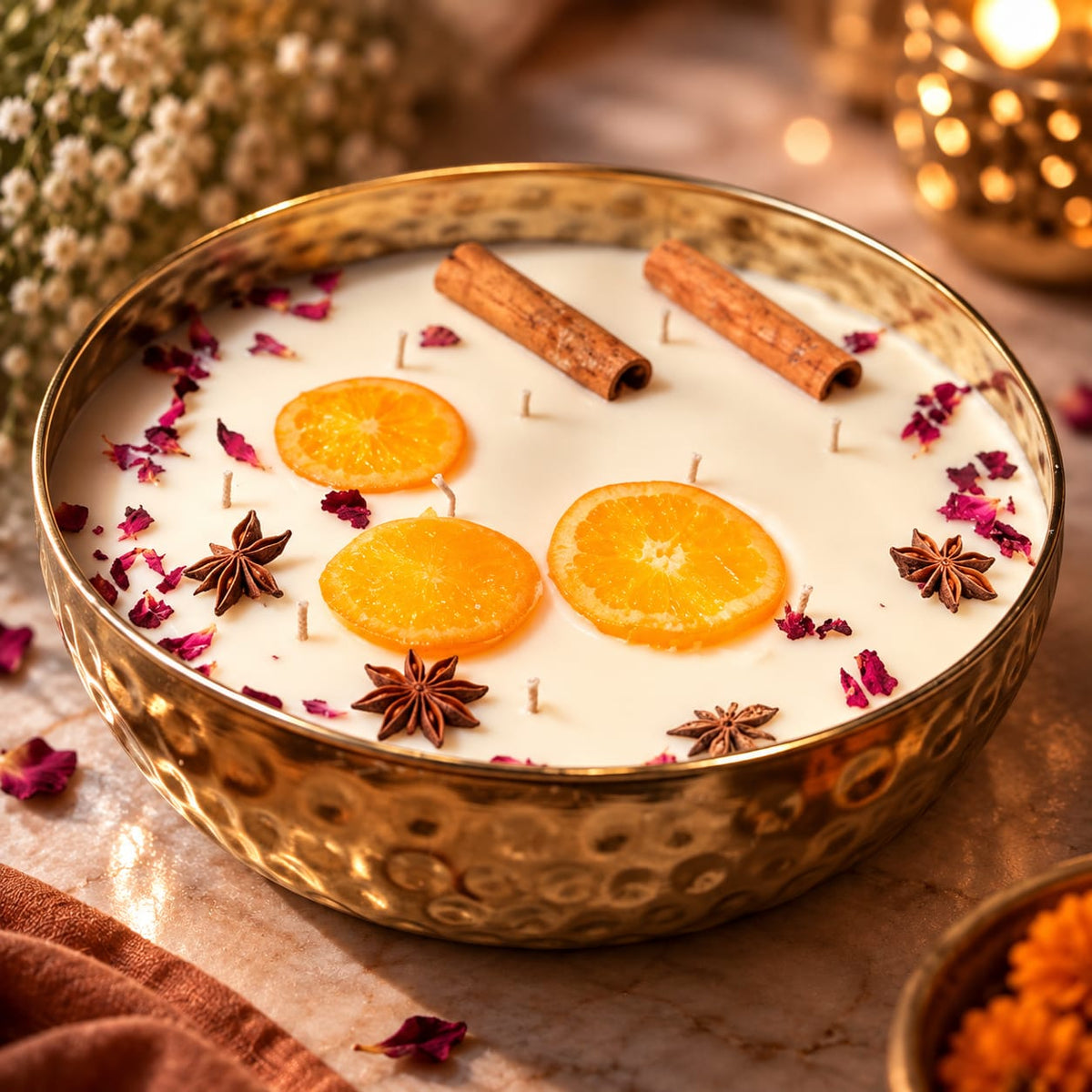 Golden Harvest – Golden Metal Finish JUMBO URLI SPICE Candle