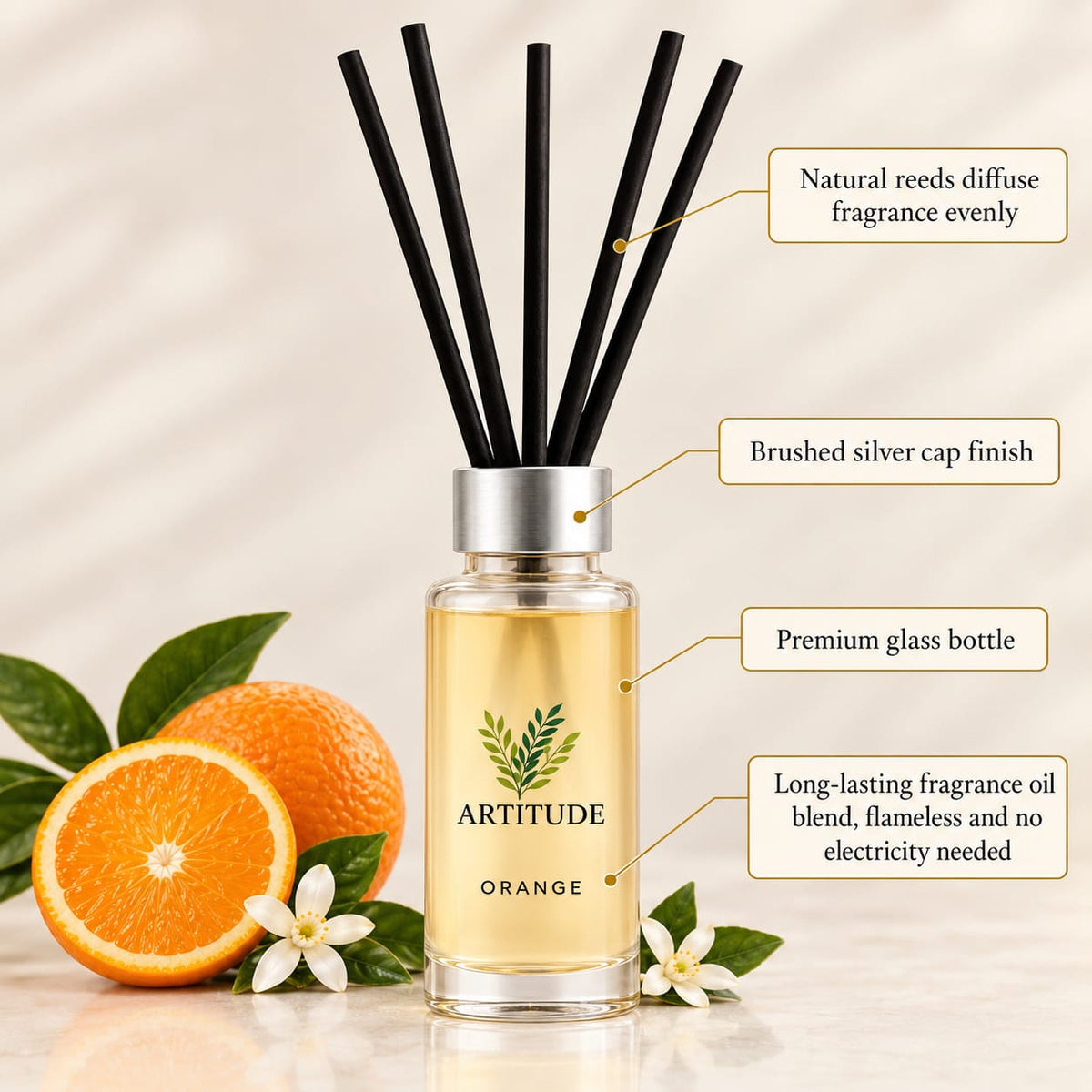 ARTITUDE Orange Reed Diffuser for Home & Office | Premium Glass Bottle | Luxury Home Fragrance & Décor