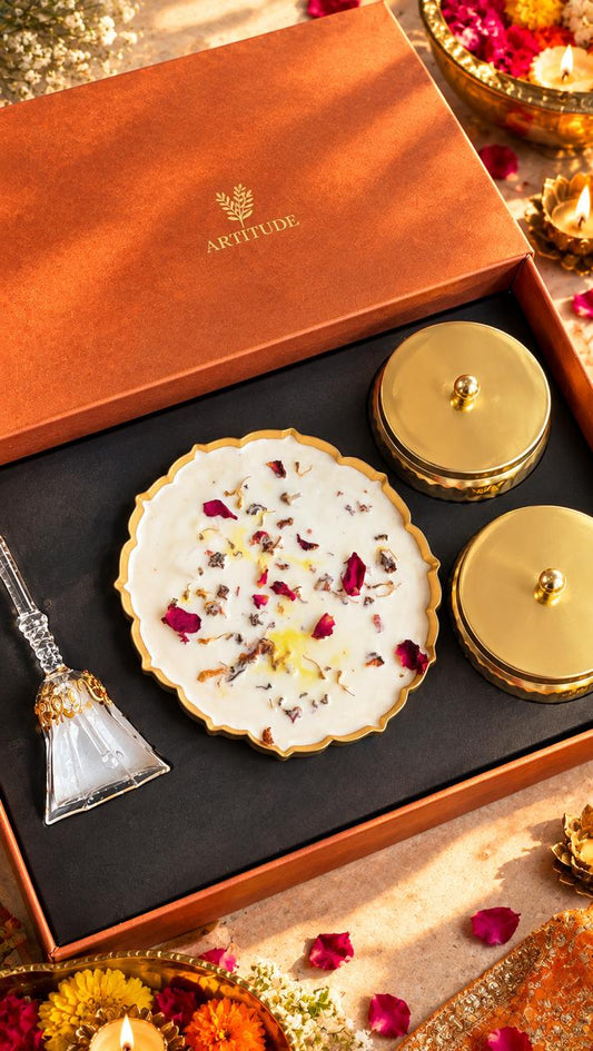 Royal Festive Gift Hamper | Soy Wax Urli Candle, Borosilicate Glass Bell & Premium Dry Fruits