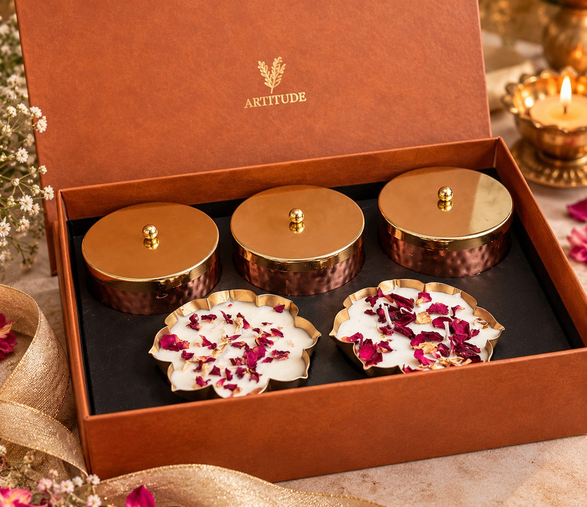 ARTITUDE Royal Heritage Luxury Gift Hamper | Soy Wax 2 Urli Candles, 4.5'' & Premium Dry Fruits in Copper Finish Metal Jars | Festive & Corporate Gifting