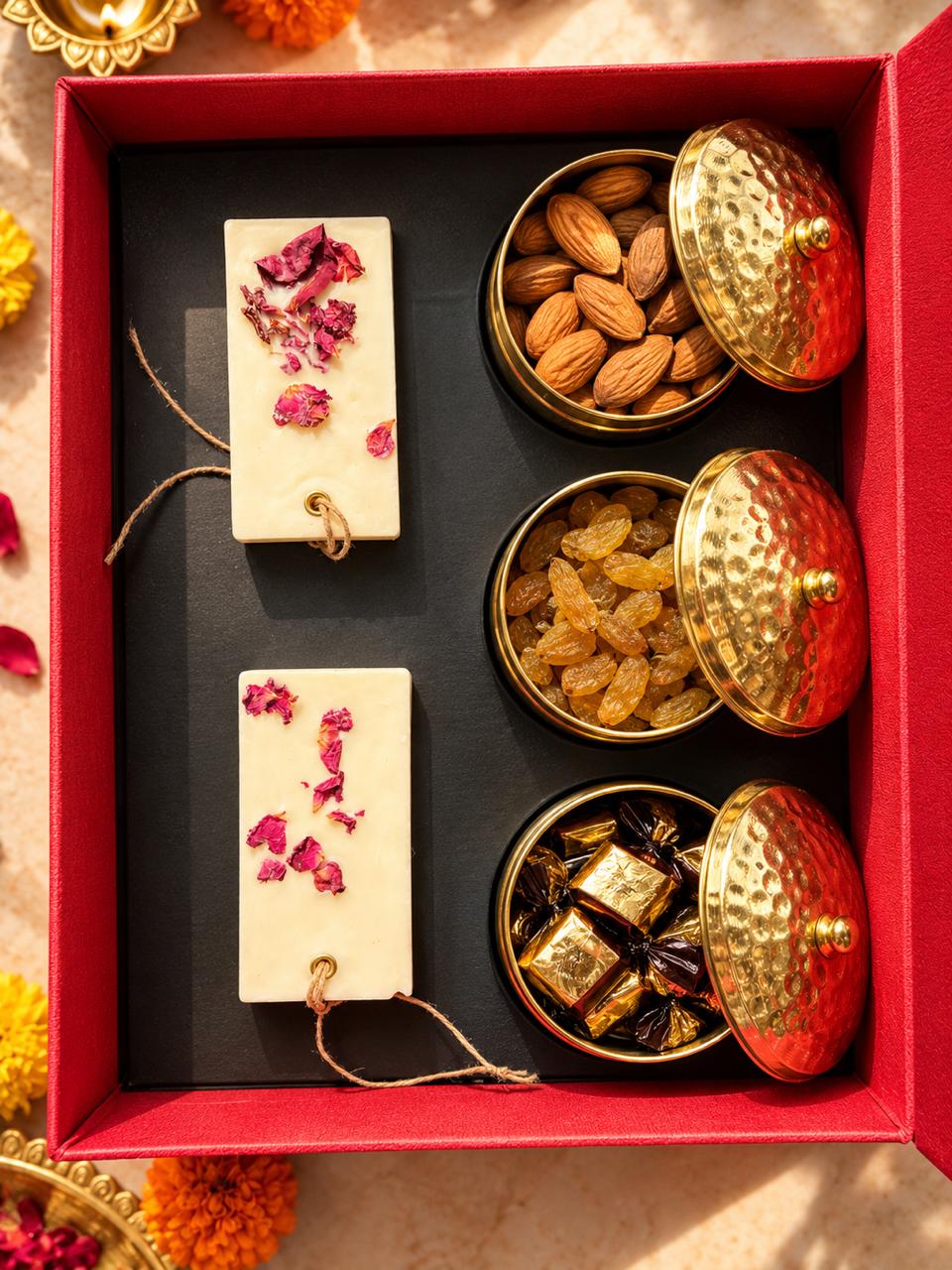 ARTITUDE Royal Festive Gift Hamper | Premium Dry Fruits & Chocolates in Golden Metal Jars with Soy Wax Wardrobe Fresheners | Luxury Diwali & Corporate Gift Box