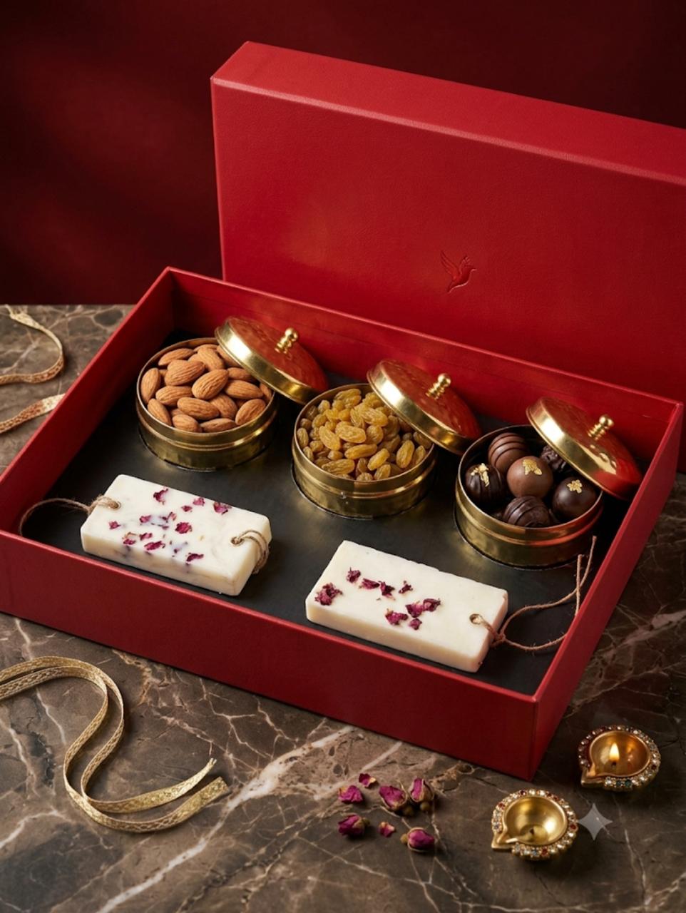 ARTITUDE Royal Festive Gift Hamper | Premium Dry Fruits & Chocolates in Golden Metal Jars with Soy Wax Wardrobe Fresheners | Luxury Diwali & Corporate Gift Box