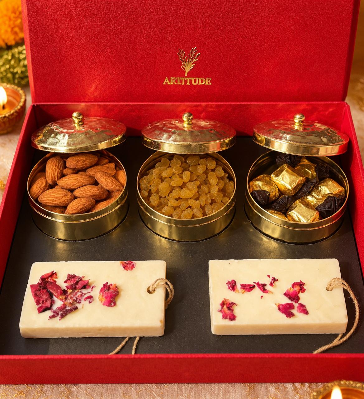 ARTITUDE Royal Festive Gift Hamper | Premium Dry Fruits & Chocolates in Golden Metal Jars with Soy Wax Wardrobe Fresheners | Luxury Diwali & Corporate Gift Box